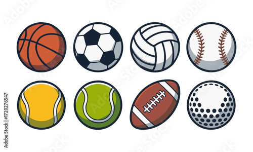 Sports Balls Vector Set Basketball, Soccer, Volleyball, Baseball, Tennis, Football, Golf Minimal Flat Icons, easily editable and scalable.