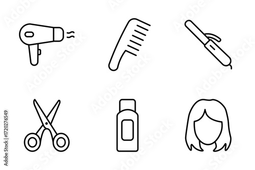 A set of different hair salon icons in minimalist style with editable stroke. Hairdressing tools, beauty care, hairstyle element, grooming, scissors, comb, dryer, cosmetic product