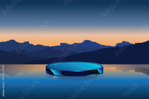 Glass podium tabletop floor in outdoor blue mountains and shiny orange sky nature background. Natural product placement pedestal stand display