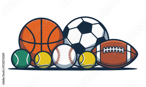 Sports Balls Vector Set Basketball, Soccer, Volleyball, Baseball, Tennis, Football, Golf Minimal Flat Icons, easily editable and scalable.