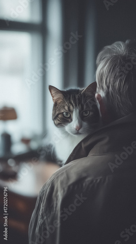 Cat over shoulder portrait with soft winter window light
