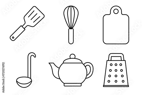 A set of different kitchen utensil icons in minimalist style with editable stroke. Cooking tools, food preparation, household element, spatula, whisk, board, teapot, ladle, grater