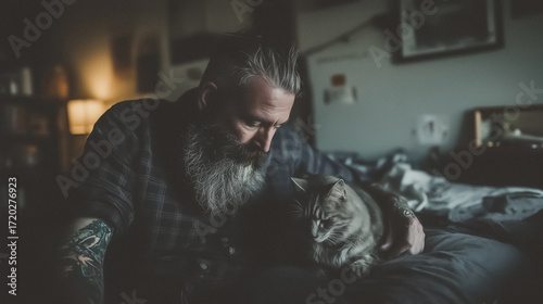 Tender moment with cat on bed, cozy evening home vibes