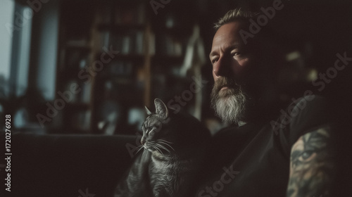 Moody portrait of person and cat on sofa, soft evening light