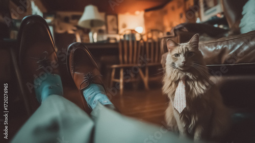 Funny home scene with cat in tie and dress shoes, cozy evening interior