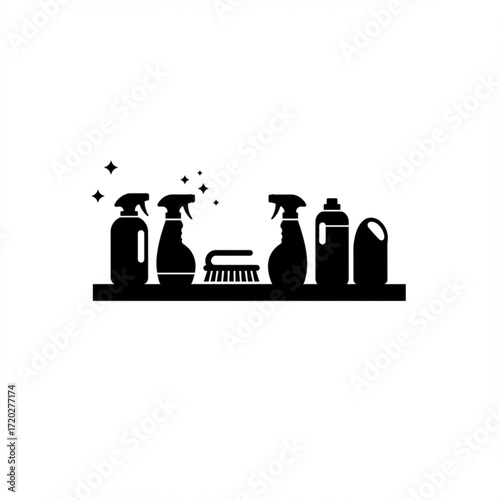 Shelf with cleaners, spray bottles, and scrub brush in black silhouette  