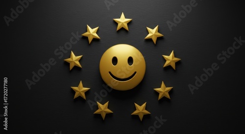 A golden smiley face surrounded by stars on a dark background