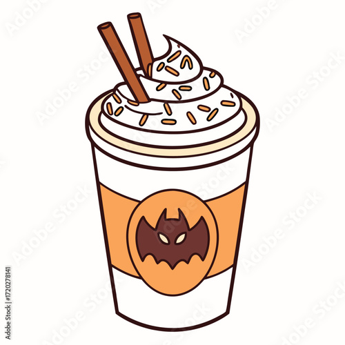 Vector art of cute cartoon illustration of a halloweenthemed coffee drink with whipped cream and sprinkles