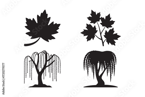 Black silhouettes of maple leaves and weeping willow trees