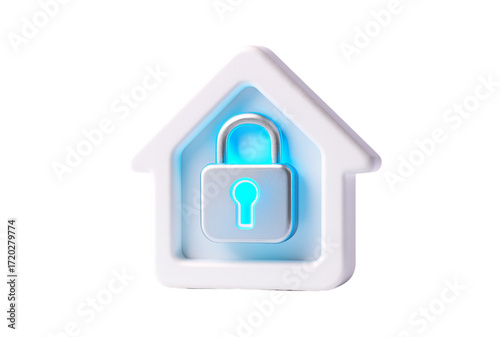 A white house icon with a silver padlock in the center indicating home security and protection concept