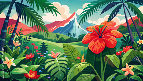 Very beautiful  panoramic view capturing the beauty of Puerto Rican hibiscus, amapola (Thespesia grandiflora), in full bloom amidst the tropical rainforest of El Yunque National Forest, Puerto Rico