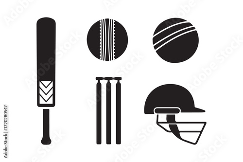 Cricket equipment icons in black silhouette