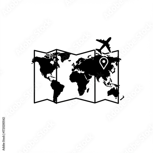 Map with airplane icon representing online travel agency services  