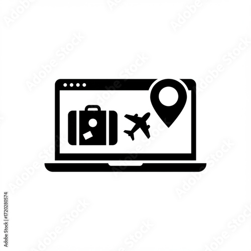 Online travel service on laptop with suitcase and airplane icons  