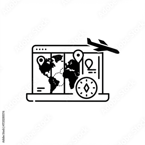 Online travel agency concept with laptop, world map, and airplane  