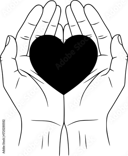 A black heart shape held in cupped hands, vector illustration