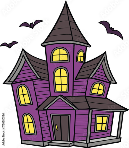 Vector art of spooky purple haunted house with bats flying around, perfect for halloween decorations and themes