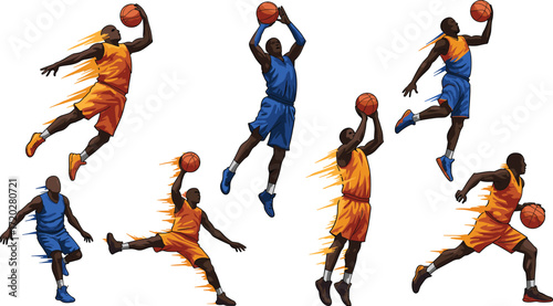 Basketball action silhouettes, slam dunk pose, jump shot, dribbling motion, athletic energy, team sport, dynamic movement, court illustration