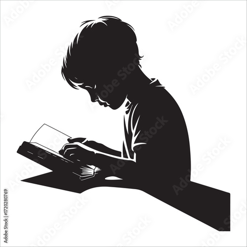 Serene Child's Silhouette Reading Book, Black and White,  Thoughtful Mood, Vector Illustration.
