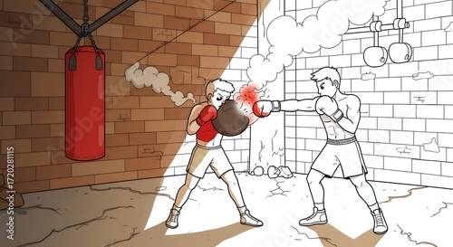 Dynamic anime illustration of two young boxers training in a gritty gym, showing the transition from sketch to full color
