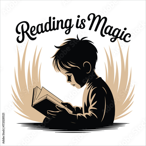 Serene Child's Silhouette Reading Book, Black and White,  Thoughtful Mood, Vector Illustration.