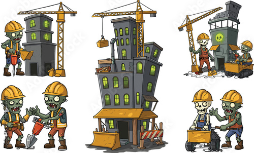 Zombie Construction Workers Building Haunted Skyscraper with Cranes, Tools, and Cartoonish Horror Elements