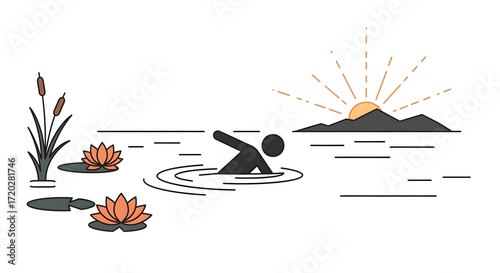 Sunrise Swim A Serene Water Landscape with Swimmer and Lilies