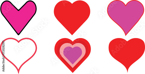 Collection of six heart shapes in vibrant red and pink hues for romantic themes vector
