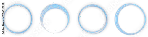 Neon blue swirl light trail with glitter particles isolated on transparent background. Vector glowing wave effect, luminous energy curve decoration for futuristic technology design, poster, or festive
