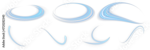 Glowing blue neon light swirl effect with sparkling particles isolated on transparent background. Futuristic luminous curve wave trace, shiny abstract line decoration for banner, poster, or holiday de