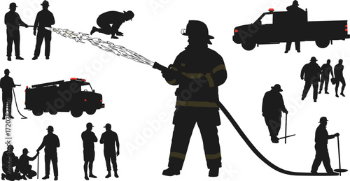Human activity silhouettes, daily life actions, family interaction, outdoor work, playtime, communication, caregiving, teamwork, lifestyle motion illustration