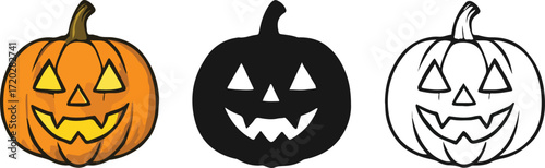 Halloween Pumpkin Illustration Set – Trio of Carved Jack-o'-Lantern Faces in Full Color, Black Silhouette, and Line Drawing Style – Spooky Fall Icon Pack for Seasonal Design and Decoration – White Bac