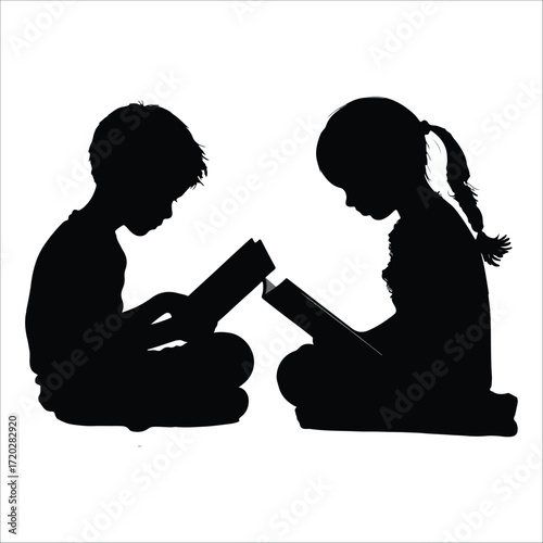 Serene Black Silhouettes of Children Reading Books Together, Peaceful Childhood, Education Concept