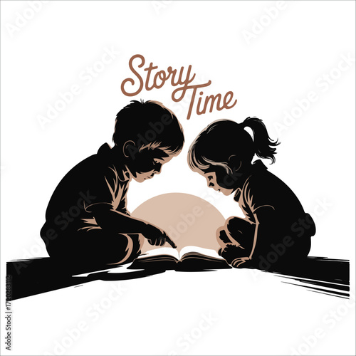 Silhouette of Two Children Reading a Book Together, Story Time, Warm, Serene Illustration
