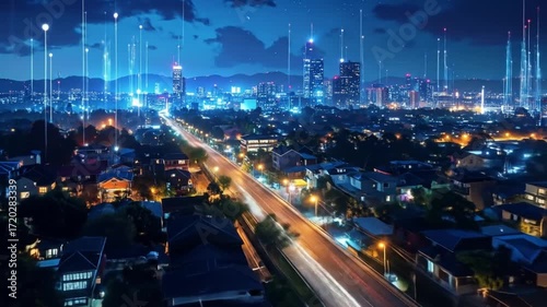 Wallpaper Mural Nightscape Visualization of Connected City with Digital Communication Lines Flowing Torontodigital.ca