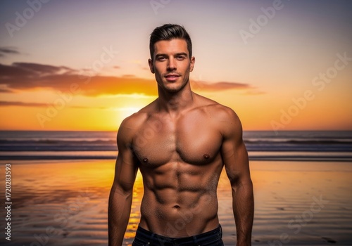 Golden Hour Adonis: Muscular Man Posing Confidently on a Reflective Sunset Beach.