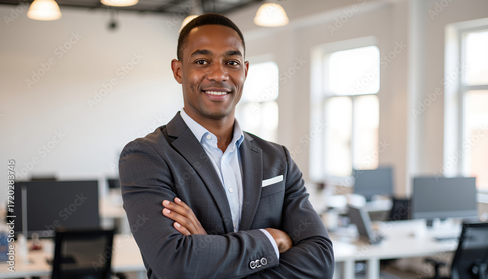 Fototapeta premium Confident black man smiling with arms crossed in modern office space 