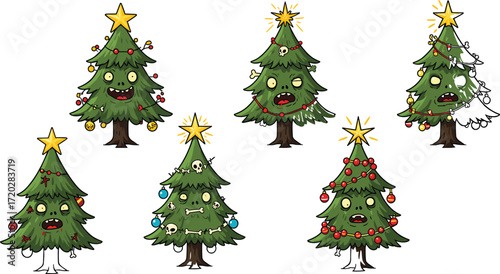 Zombie Christmas Trees Cartoon Set with Horror Faces, Funny Expressions, Creepy Decorations, Scary Holiday Theme, Vector Illustration for Halloween