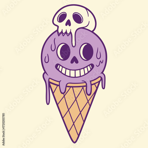 Vector art of a creepy purple ice cream cone with a melting skull on top, a fun and spooky illustration