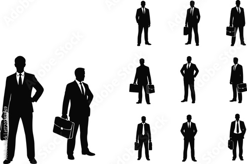 Business silhouettes, corporate professionals, suit and tie, briefcase, teamwork, leadership, office staff, career concept, business people illustration