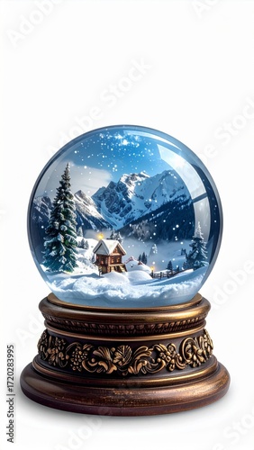 Snow Globe with Mountain Scene on Ornate Wooden Base against White Background