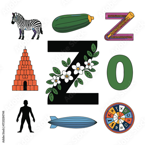 Alphabetical collage featuring the letter z with zebra zucchini zither zygote and other z items