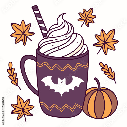 Vector art of cute halloween hot chocolate mug with bat, pumpkin, and autumn leaves