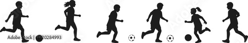 Children playing soccer, running silhouettes, kicking ball, youth sports, teamwork, outdoor activity, fitness, motion, athletic pose illustration