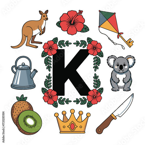 Alphabet letter k surrounded by australian themed objects and floral elements for educational purposes