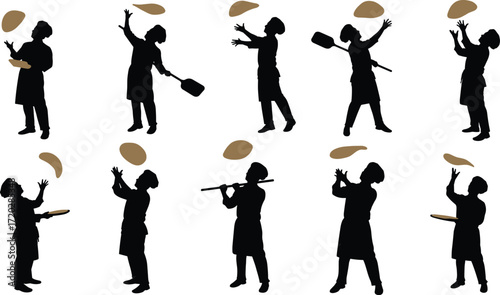 Chef silhouettes tossing pizza, dynamic poses, cartoon cooking, dough in air, culinary motion, kitchen art, food preparation illustration