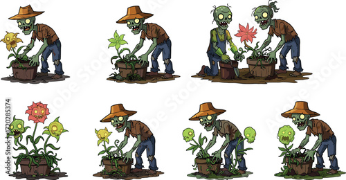 Zombie cartoon characters gardening with expressive plants in funny horror scenes, watering, planting, observing, straw hat farmer, humorous undead concept