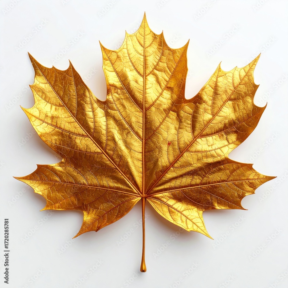 Obraz premium Golden Maple Leaf on White Background with Detailed Veins and Textured Surface Studio Shot