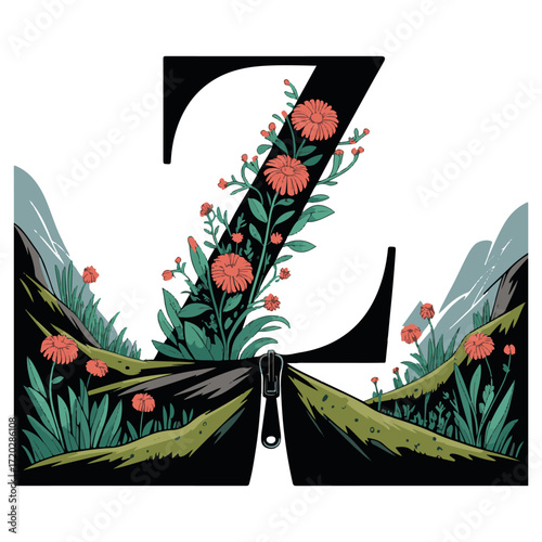 Decorative letter z adorned with vibrant blooming flowers and lush green foliage set against a mountainous landscape with a zipper detail