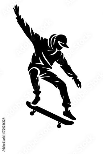 Dynamic skateboarder performing a radical trick with fluid motion in a stylish silhouette, perfect for action sports branding or edgy urban designs